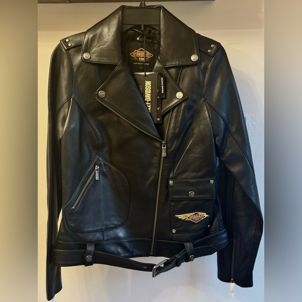 Harley Davidson Women's 120th Anniversary D-Pocket Biker Leather Jacket - Black - Picture 4 of 16